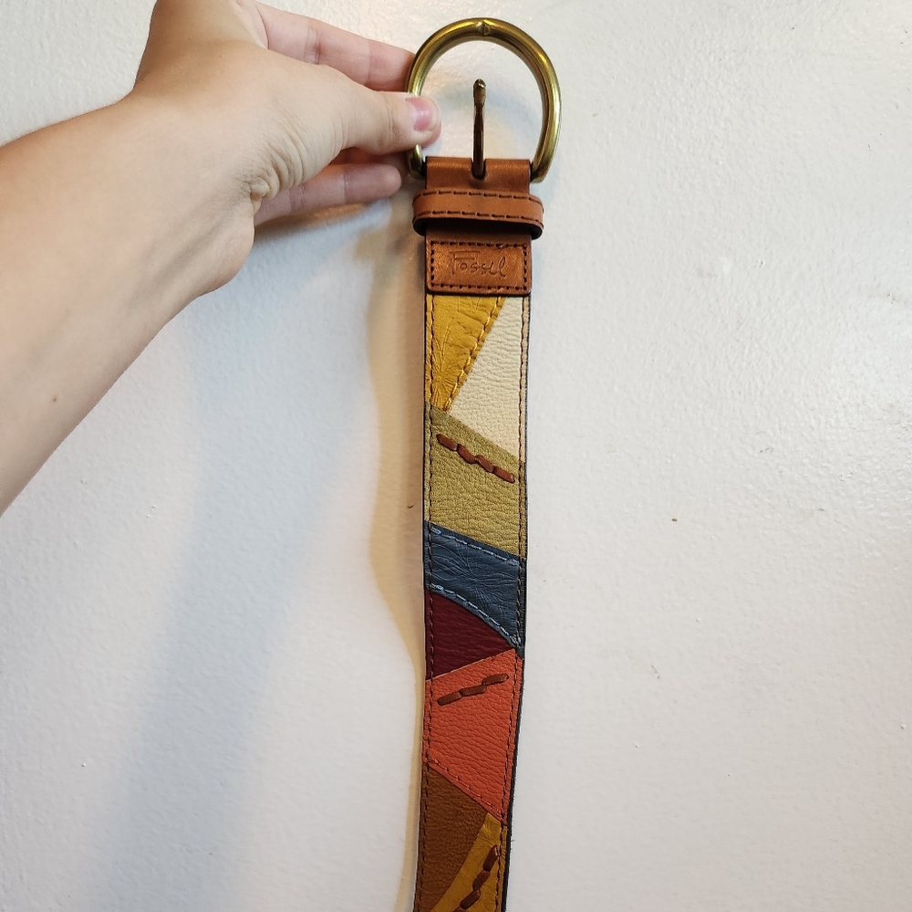 Y2k Fossil Multicolored Leather Patchwork Belt - image 2